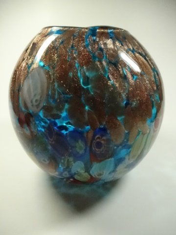 MURANO STYLE ART GLASS ROUND VASE, BLUE & MULTICOLOR (1 of 6)