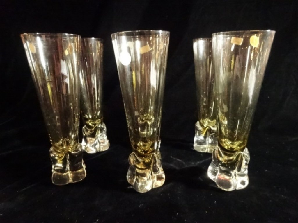 6 NASON MORETTI MURANO GLASS TUMBLERS, AMBER AND CLEAR,: 6 NASON MORETTI MURANO GLASS TUMBLERS, AMBER AND CLEAR, CIRCA MID 20TH CENTURY, WITH ORIGINAL LABELS, MADE IN ITALY, EACH 8.5"H, SKU005.03