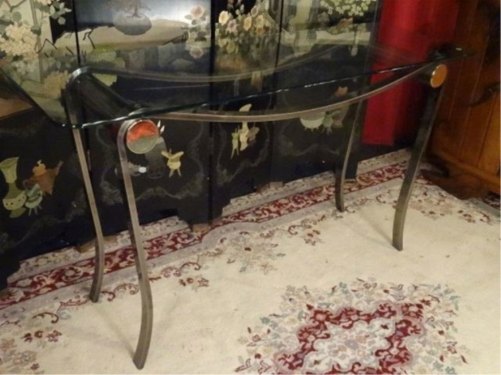 MODERN METAL AND GLASS CONSOLE TABLE, CURVED STEEL BASE (1 of 5)