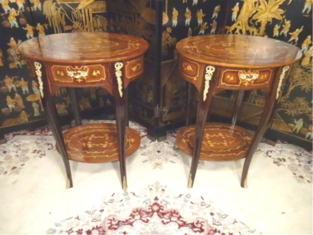 PAIR FRENCH EMPIRE STYLE MARQUETRY TABLES, INLAID OVAL (1 of 10)
