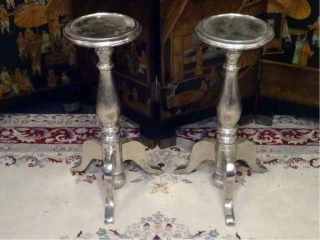 PAIR ALUMINUM PEDESTAL TABLES, 3 LEGS WITH COLUMN BASE, (1 of 6)