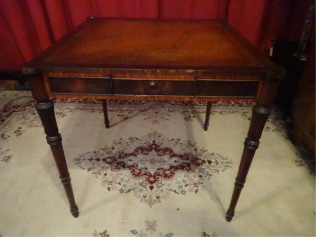 ANTIQUE LOUIS XVI STYLE GAME TABLE, LATE 19TH C. OR: ANTIQUE LOUIS XVI STYLE GAME TABLE, LATE 19TH C. OR EARLY 20TH C., EMBOSSED LEATHER TOP, 2 DRAWERS WITH DOVETAIL JOINTS, VERY GOOD VINTAGE CONDITION COMMENSURATE WITH AGE AND USE, 31"W X 31"D X 30"H S