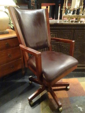 LEATHER EXECUTIVE DESK CHAIR ON CASTERS, WITH NAILHEAD (1 of 4)