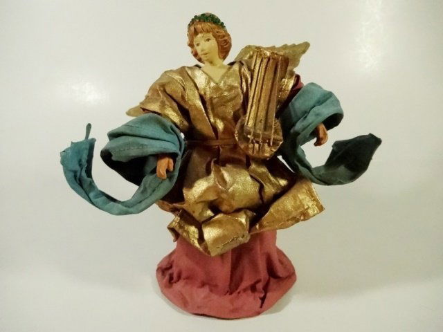 CHRISTMAS DECOR - ANGEL ON STAND / TREE TOPPER, HOLDING: CHRISTMAS DECOR - ANGEL ON STAND / TREE TOPPER, HOLDING HARP, STIFFENED FABRIC ROBES, APPROX 6.75"