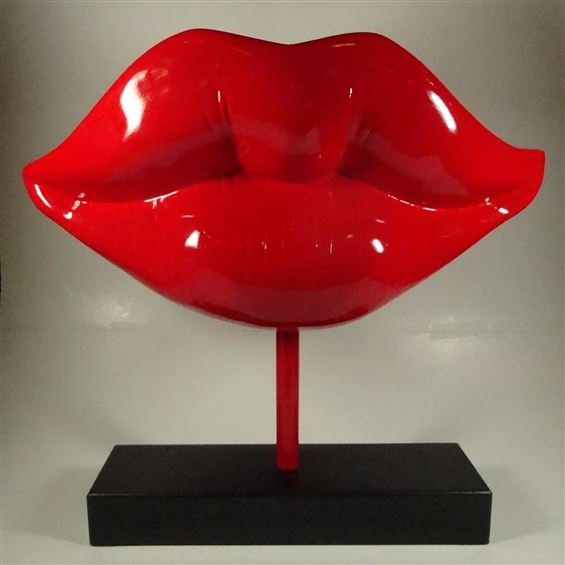 RED LIPS FIBERGLASS SCULPTURE ON BLACK GRANITE BASE, (1 of 7)
