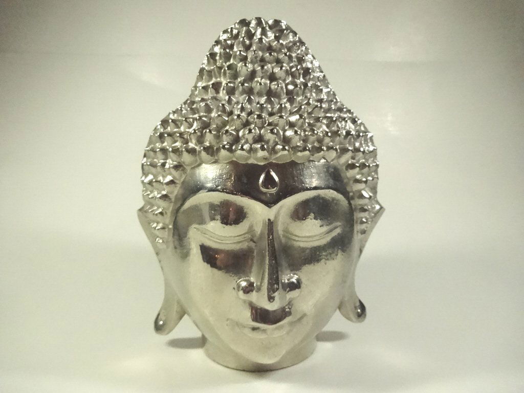 BUDDHA HEAD SCULPTURE, ALUMINUM FINISH METAL, APPROX (1 of 7)