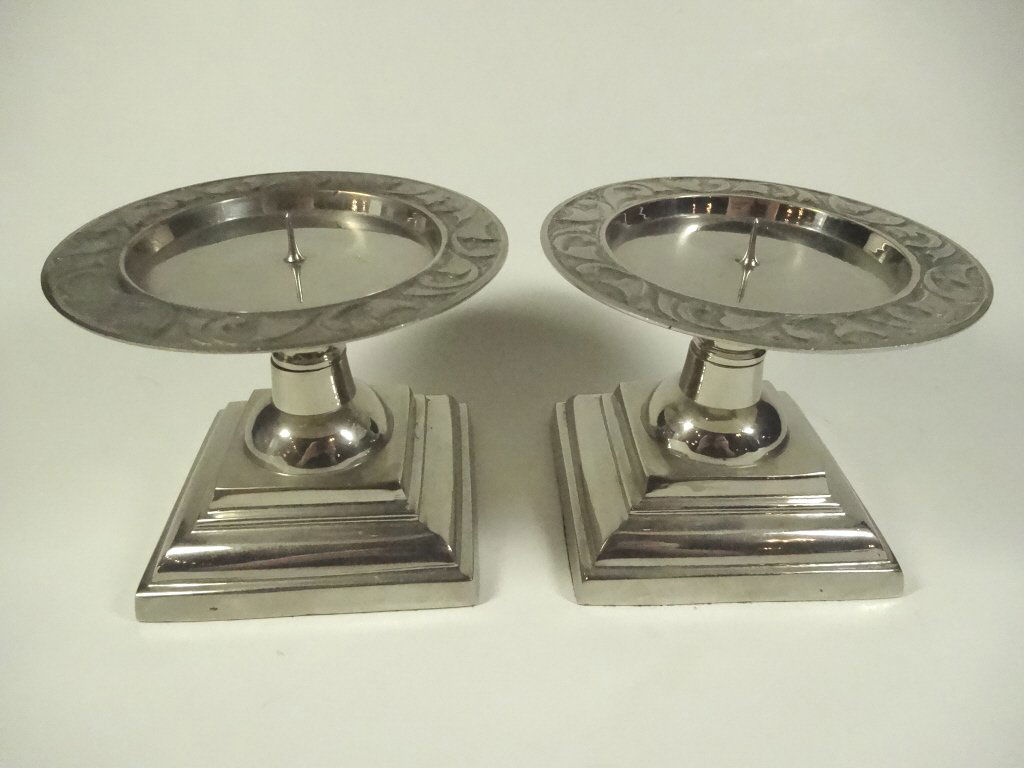 PAIR ALUMINUM FINISH METAL PILLAR CANDLE HOLDERS, (1 of 3)