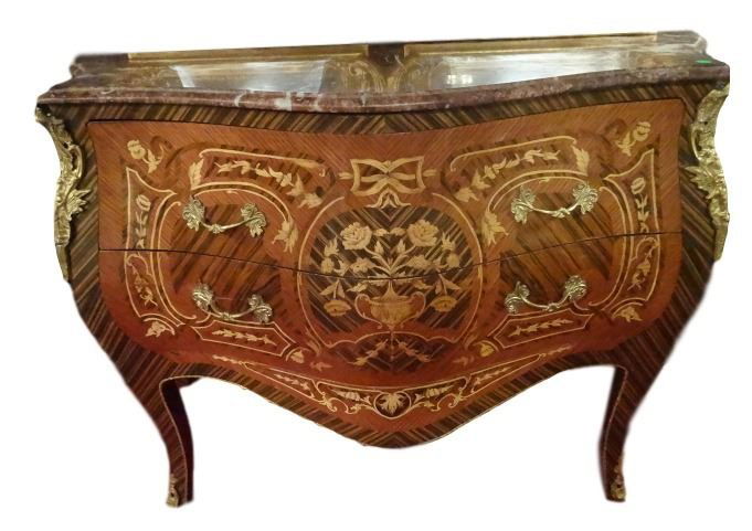LOUIS XV STYLE MARQUETRY BOMBE CHEST, BEVELED MARBLE (1 of 9)