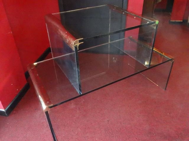 2 PC PACE STYLE GLASS TABLES WITH BRASS FRAMES, VERY (1 of 6)