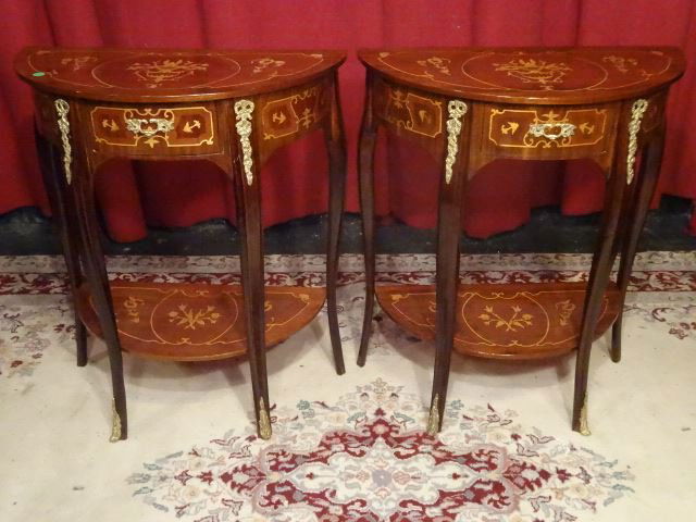 PAIR LOUIS XV STYLE MARQUETRY TABLES. GILT METAL (1 of 8)