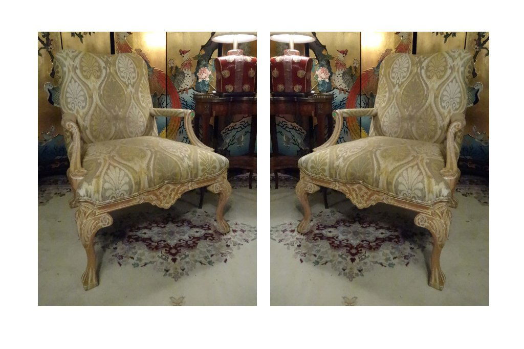 PAIR LOUIS XV STYLE OPEN ARM CHAIRS, LIGHT FINISH WOOD (1 of 8)