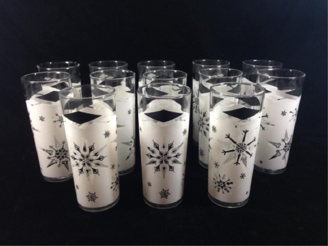 13 PC MID CENTURY HAZEL ATLAS SNOWFLAKE TUMBLERS, BLACK: 13 PC MID CENTURY HAZEL ATLAS SNOWFLAKE TUMBLERS, BLACK DIAMOND, EXCELLENT CONDITION, APPROX 6 5/8"H