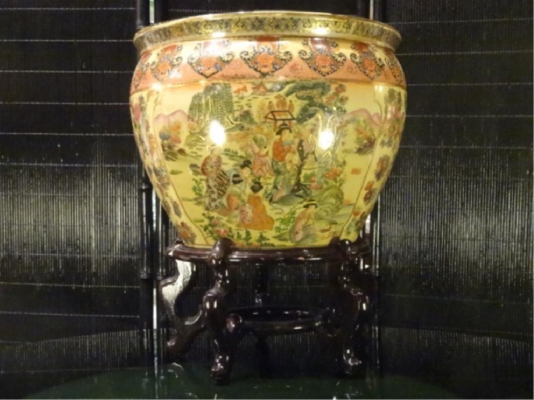 CHINESE PORCELAIN GOLDFISH BOWL, WOOD STAND, PAINTED (1 of 9)
