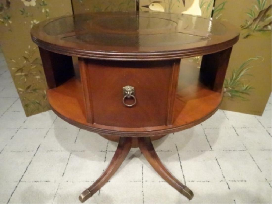 LEATHER TOP LIBRARY DRUM TABLE, PEDESTAL BASE, BRASS (1 of 8)