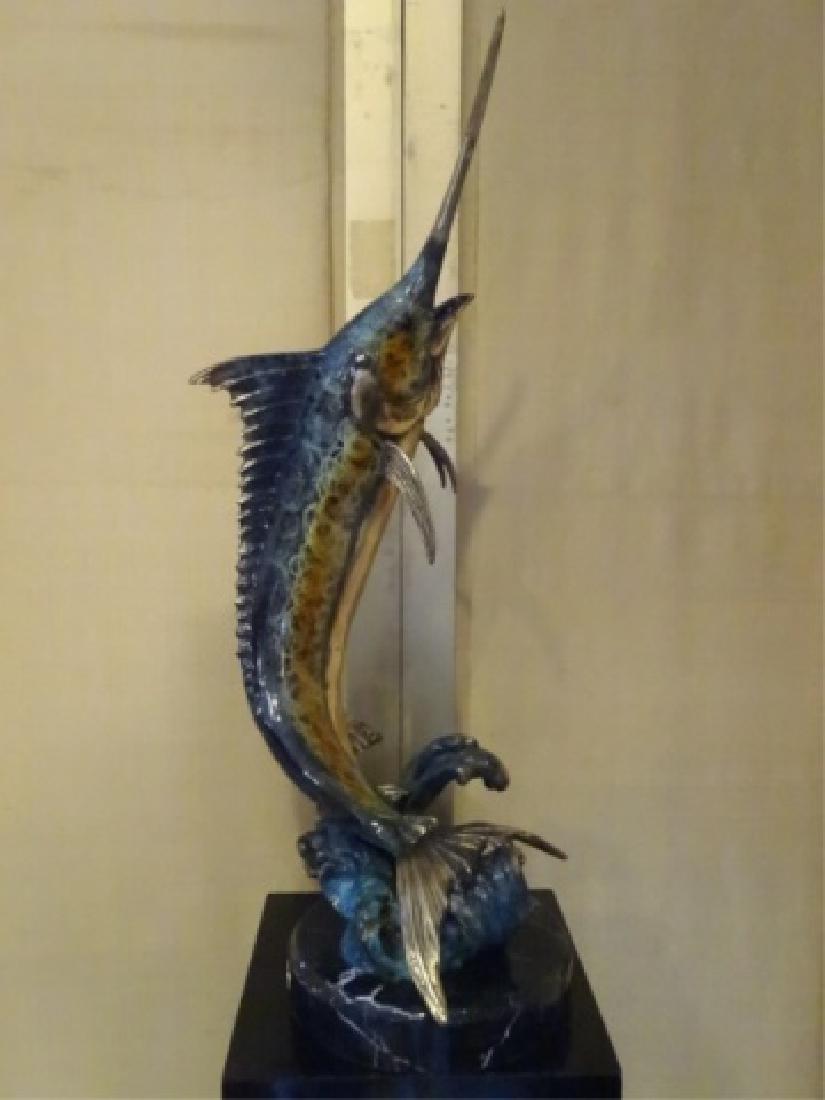 LARGE PATINATED BRONZE MARLIN SCULPTURE ON MARBLE BASE, (1 of 7)