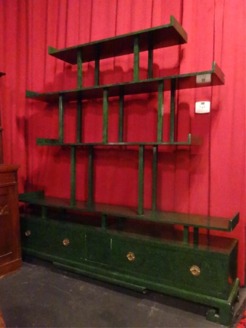 CHINESE WOOD BOOKCASE/ETAGERE, GREEN ENAMEL FINISH IN (1 of 7)
