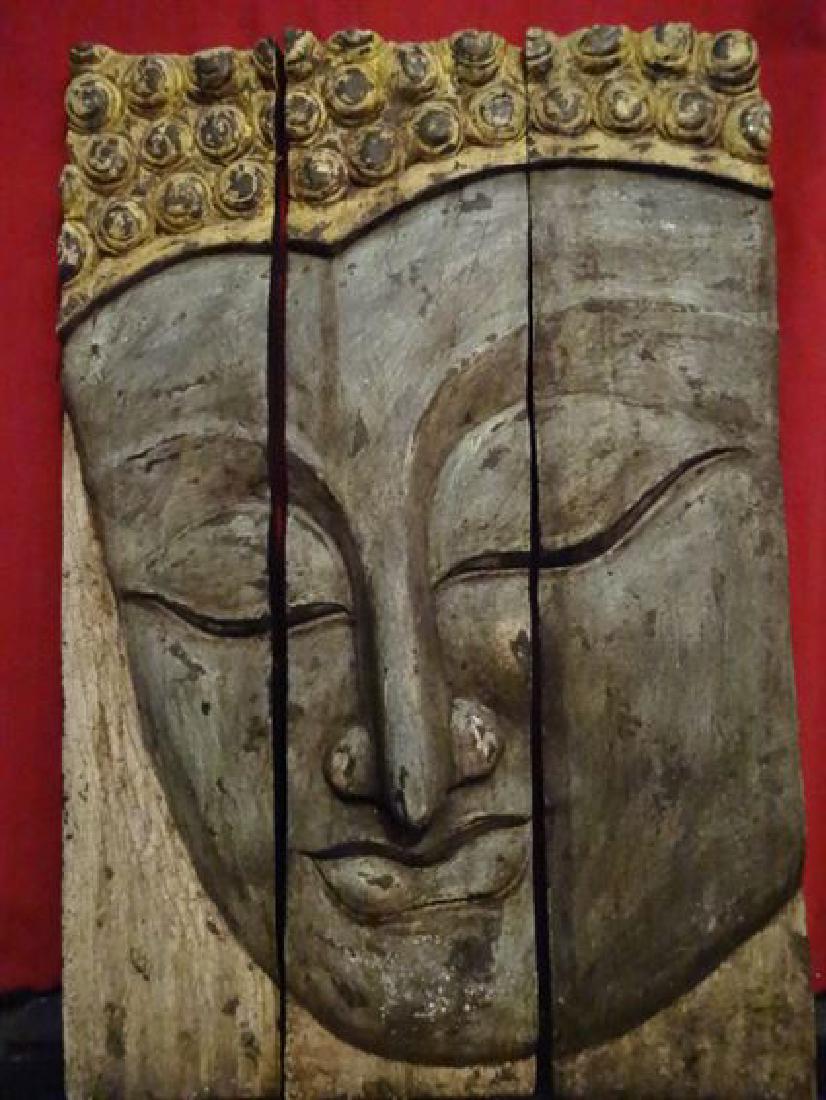 BUDDHA HEAD TRIPTYCH WALL SCULPTURE, CARVED WOOD, GILT (1 of 4)
