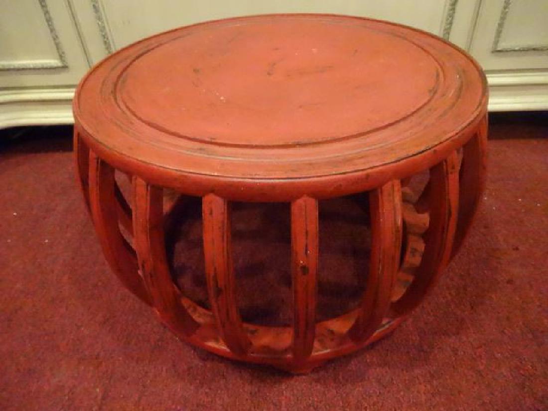 RED PAINTED ROUND TABLE, ASIAN MOTIF, LIGHTLY (1 of 5)