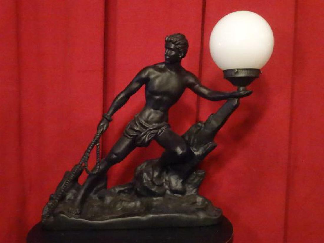 MALE FIGURAL FORM LAMP, WHITE GLASS BALL SHADE, PAINTED (1 of 8)