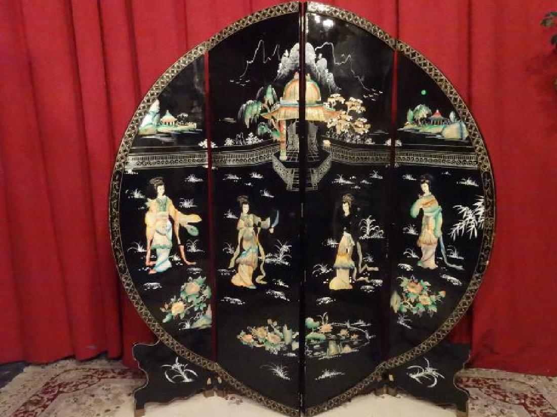 CHINESE ROUND COROMANDEL FLOOR SCREEN, 4 PANELS, CARVED (1 of 6)