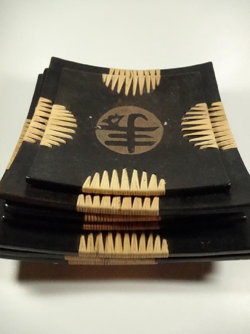 7 PC SQUARE POTTERY PLATES WITH RATTAN ACCENTS, 1 (1 of 7)
