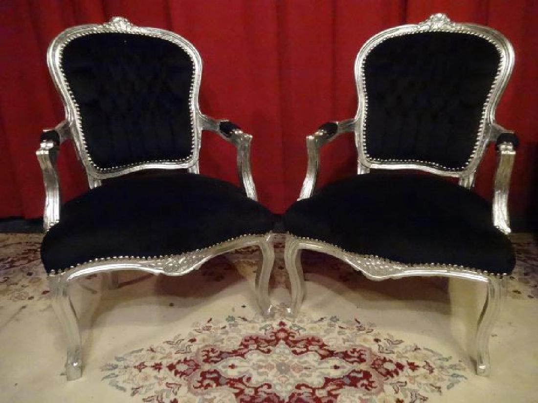 PAIR LOUIS XV STYLE FAUTEUIL ARM CHAIRS, SILVER GILT (1 of 8)