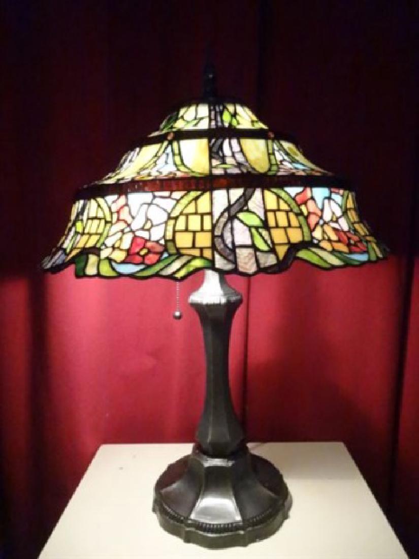 TIFFANY STYLE LEADED GLASS LAMP BY SPLENDOUR LIGHTING,: TIFFANY STYLE LEADED GLASS LAMP BY SPLENDOUR LIGHTING, 3 TIER FLORAL SHADE, ART NOUVEAU STYLE BASE, EXCELLENT CONDITION NEW IN BOX, APPROX 30"H. SKU773.24