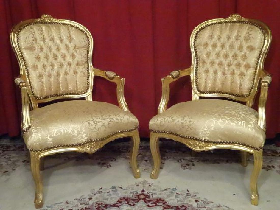 PAIR LOUIS XV STYLE FAUTEUIL ARM CHAIRS, GOLD GILT WOOD (1 of 9)