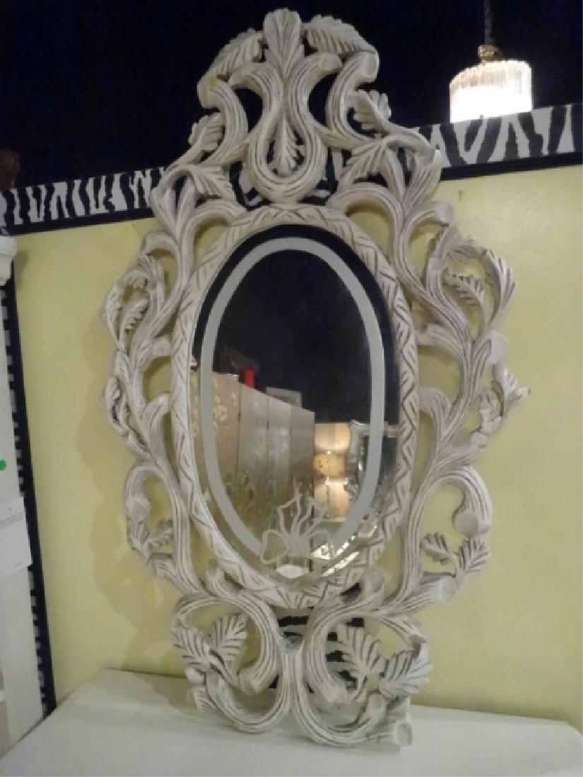 LARGE ORNATE CARVED WOOD FRAME MIRROR, WHITE FINISH, (1 of 6)