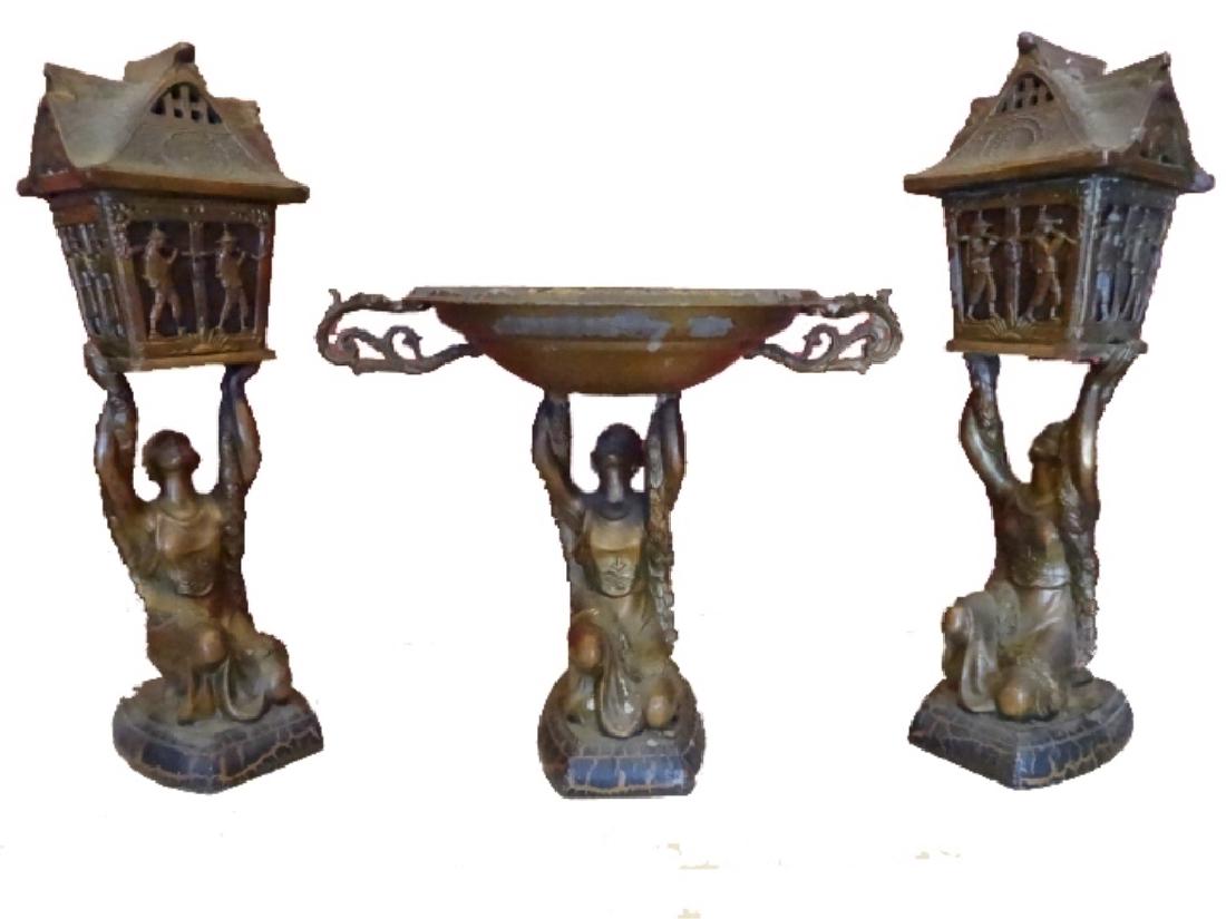 3 PC CIRCA 1927 METAL PEDESTAL BOWL AND 2 LAMPS, (1 of 13)