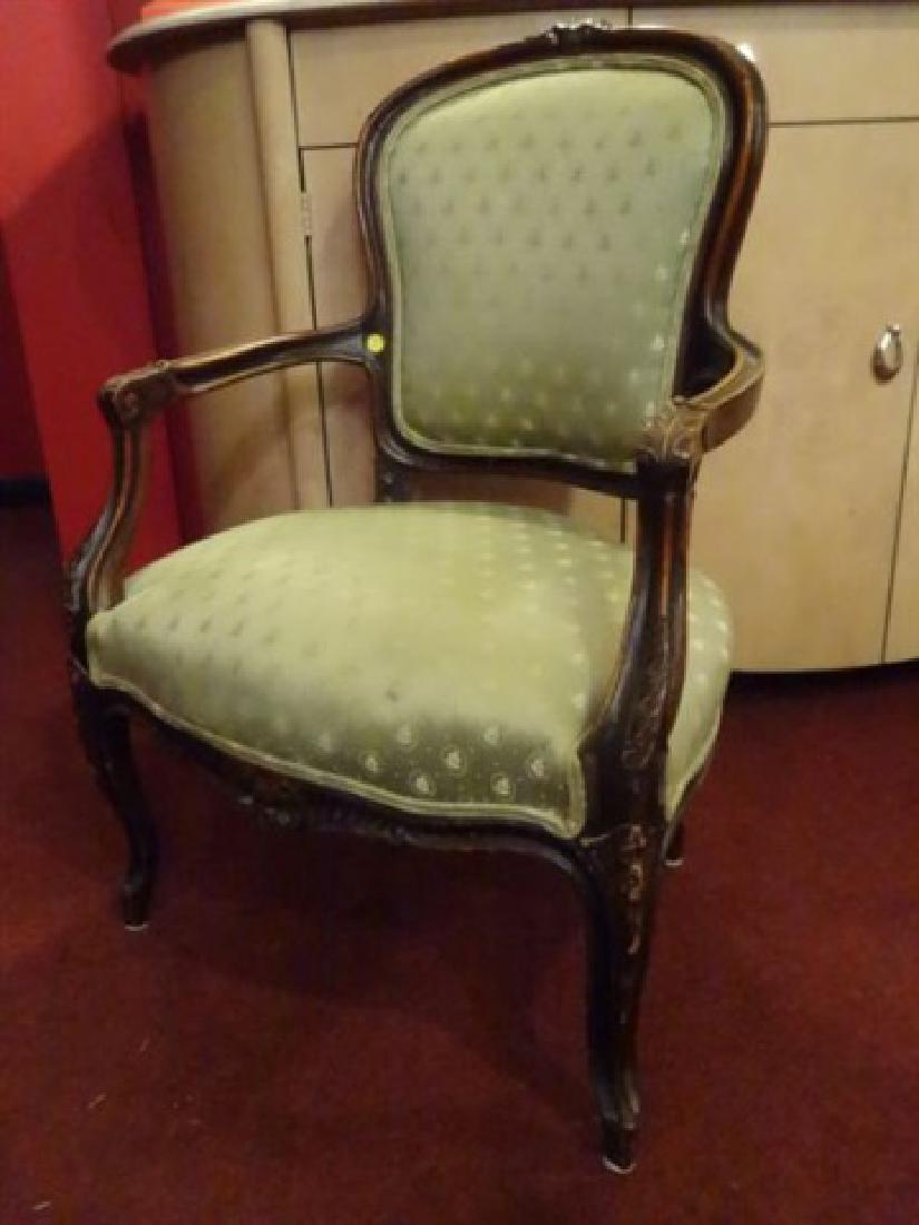 ANTIQUE LOUIS XV STYLE ARM CHAIR, PALE GREEN: ANTIQUE LOUIS XV STYLE ARM CHAIR, PALE GREEN UPHOLSTERY, VERY GOOD VINTAGE CONDITION, SKU990.08