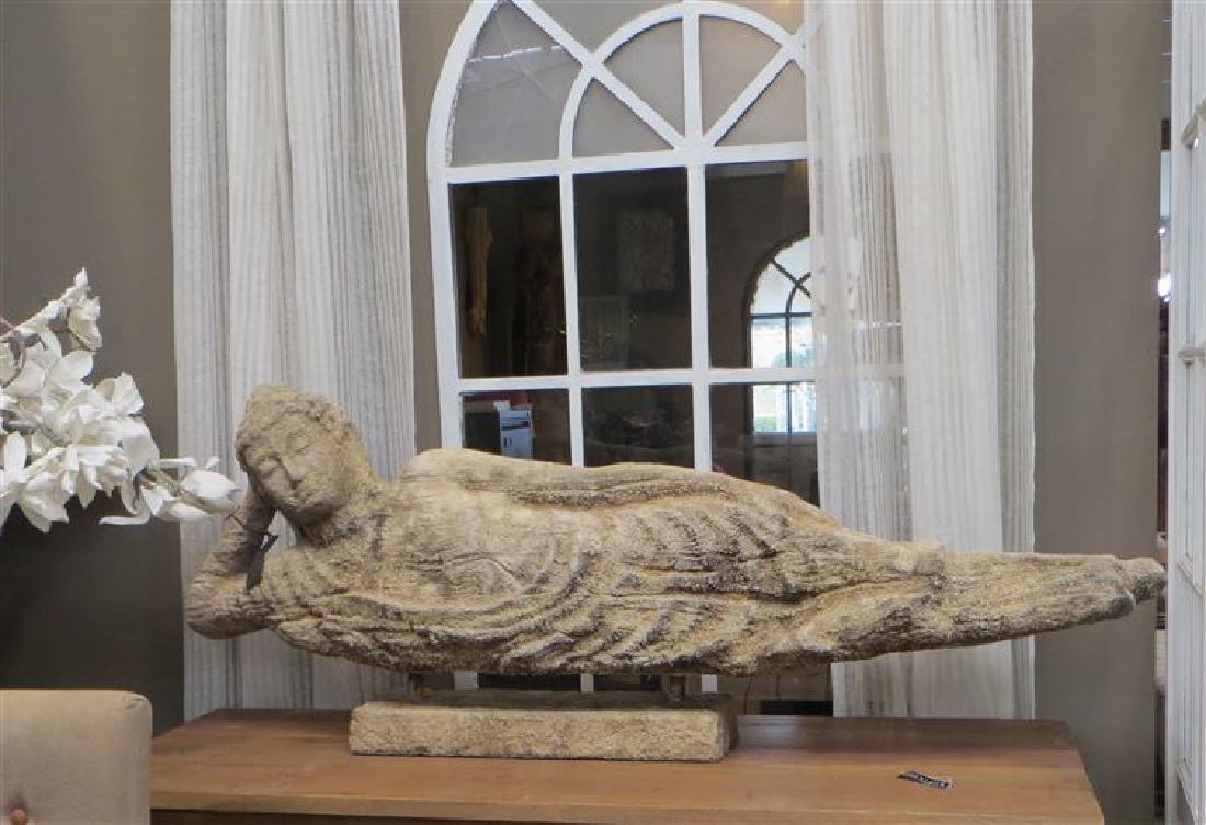 MONUMENTAL CARVED CORAL RECLINING BUDDHA SCULPTURE,: MONUMENTAL CARVED CORAL RECLINING BUDDHA SCULPTURE, VERY GOOD CONDITION, ALREADY CRATED FOR SHIPPING! APPROX 65"W X 24.5"H X 13.75" D, SKU155