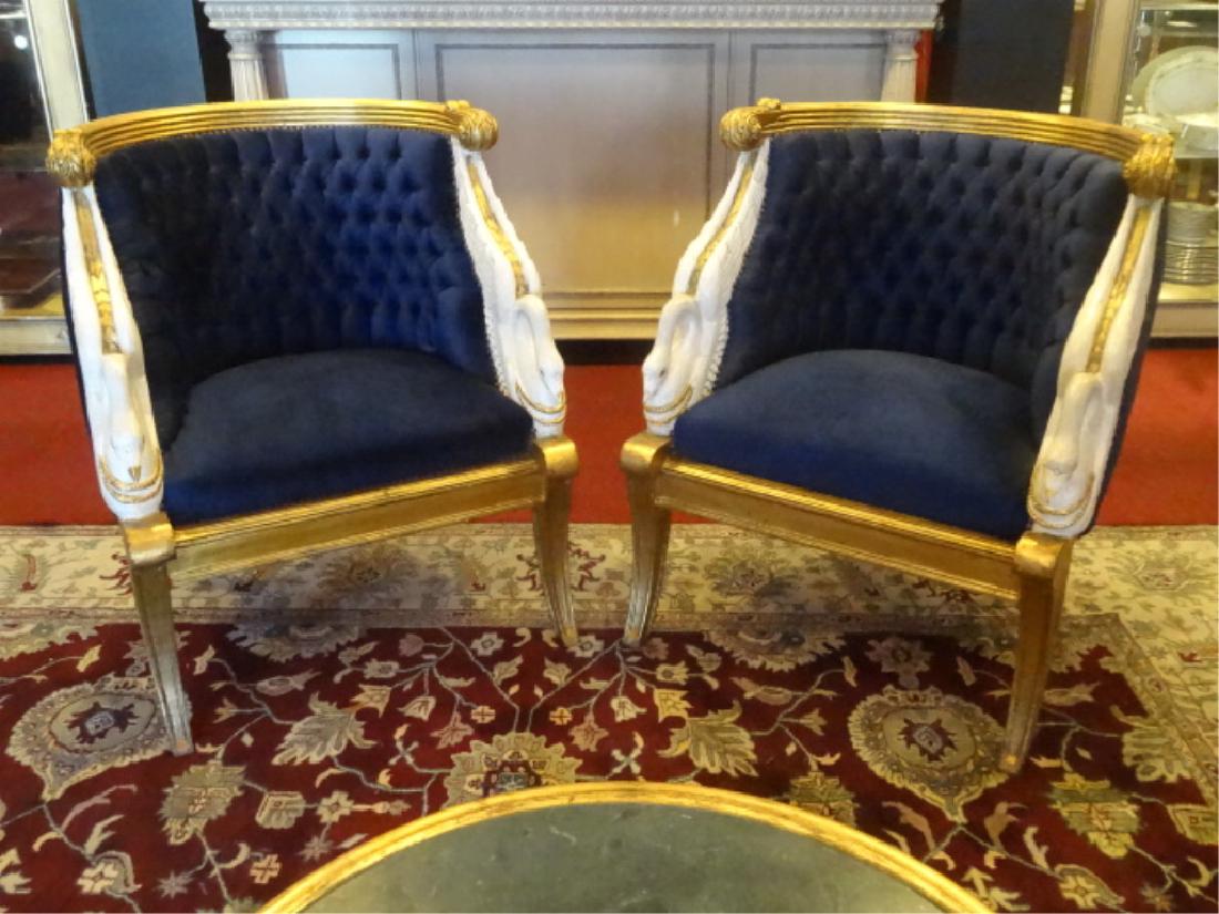 PAIR FRENCH EMPIRE STYLE SWAN ARM CHAIRS, GOLD GILT AND (1 of 17)