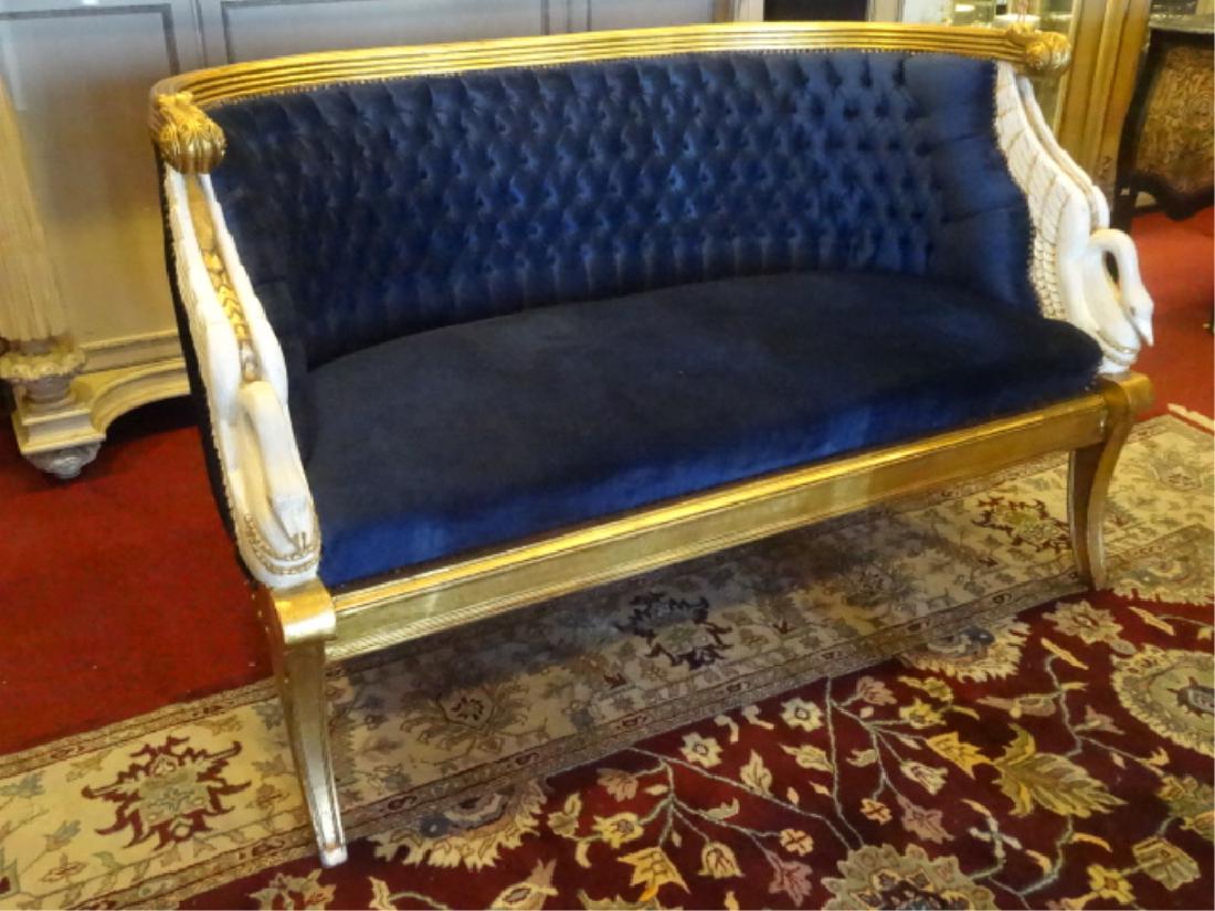 FRENCH EMPIRE STYLE SWAN ARM SOFA, GOLD GILT AND (1 of 10)