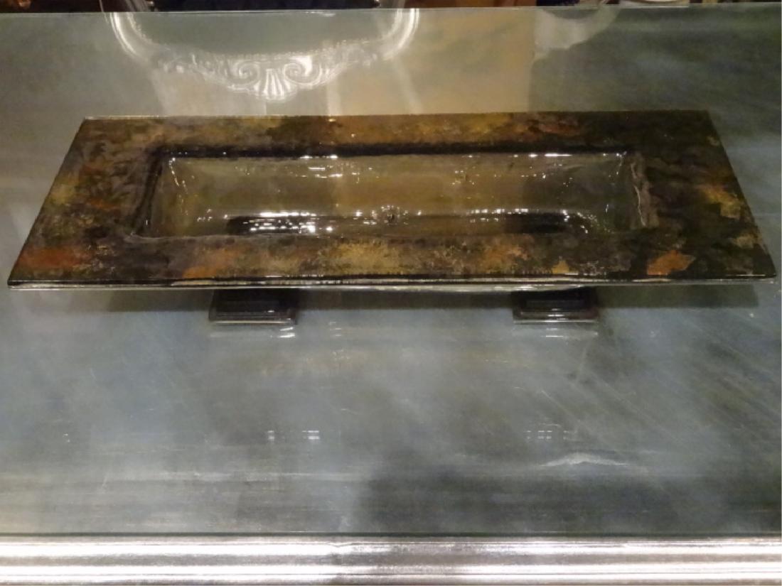 LARGE ART GLASS RECTANGULAR FOOTED BOWL IN GOLD AND (1 of 7)