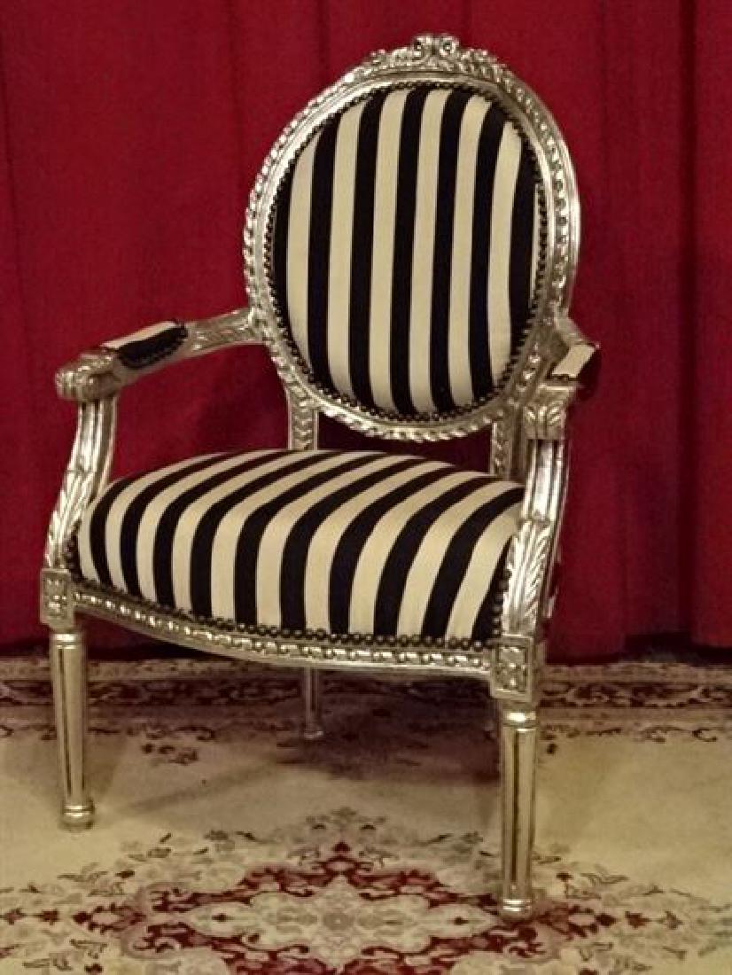 LOUIS XV STYLE SILVER GILT FAUTEUIL ARM CHAIR, BALLOON: LOUIS XV STYLE SILVER GILT FAUTEUIL ARM CHAIR, BALLOON BACK WITH BLACK AND WHITE STRIPED UPHOLSTERY, VERY GOOD CONDITION, 46"H X 26"W X 21"D, SKU155