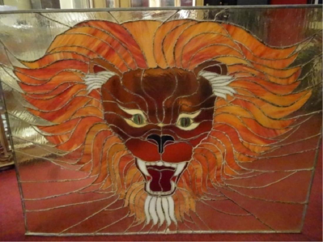 LARGE STAINED GLASS PANEL, LION HEAD, ON CLEAR, ONE OF (1 of 7)