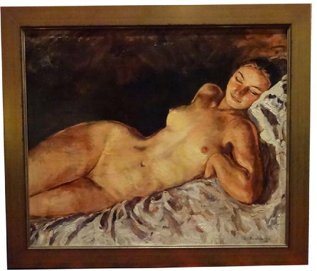 AFTER ZINAIDA SEREBRIAKOVA OIL ON CANVAS, NUDE: AFTER ZINAIDA SEREBRIAKOVA OIL ON CANVAS, NUDE SLEEPING, ORIGINAL IS IN THE KIEV NATIONAL MUSEUM OF RUSSIAN ART, UKRAINE, VERY GOOD CONDITION, FRAMED SIZE 37.5"W X 32"H, SKU182