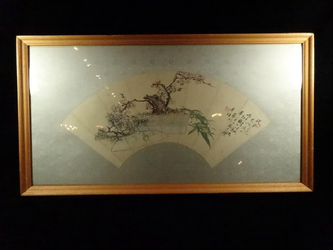 FRAMED FAN SHAPED PAINTING ON SILK, CHOPMARK SIGNATURE, (1 of 6)