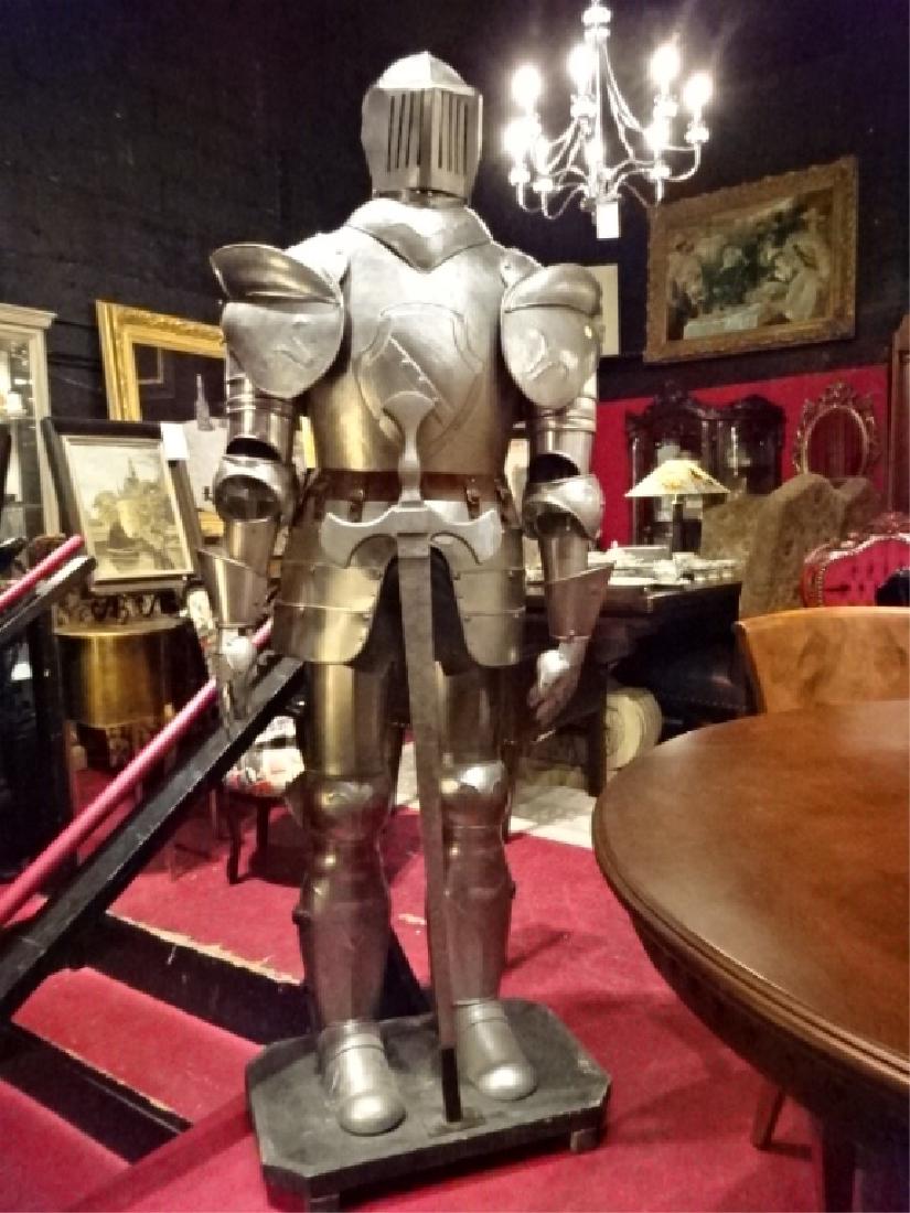 LIFE SIZE METAL SUIT OF ARMOR REPLICA, ON WOOD BASE, (1 of 6)