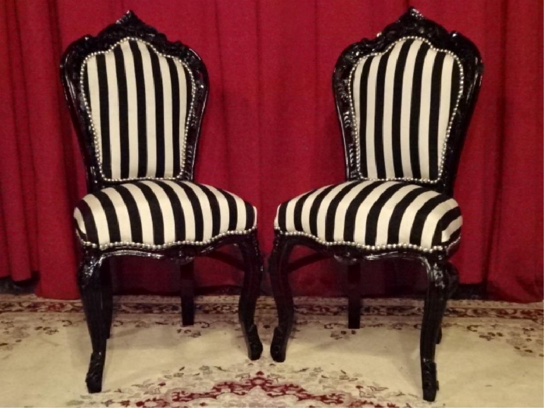 PAIR LOUIS XV STYLE CHAIRS, BLACK AND WHITE STRIPED (1 of 8)