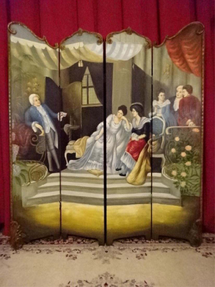 PAINTED 4 PANEL FLOOR SCREEN, 19TH C. SALON SCENE, VERY (1 of 8)