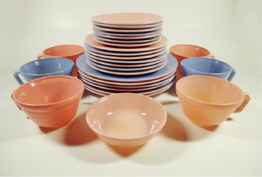 27 PC VINTAGE DEPRESSION GLASS PINK & BLUE SERVEWARE,: 27 PC VINTAGE DEPRESSION GLASS PINK & BLUE SERVEWARE, INCLUDES 6 DINNER PLATES, 7 SALAD PLATES, 7 BREAD PLATES, 1 BERRY BOWL & 6 CUPS, SKU192.11