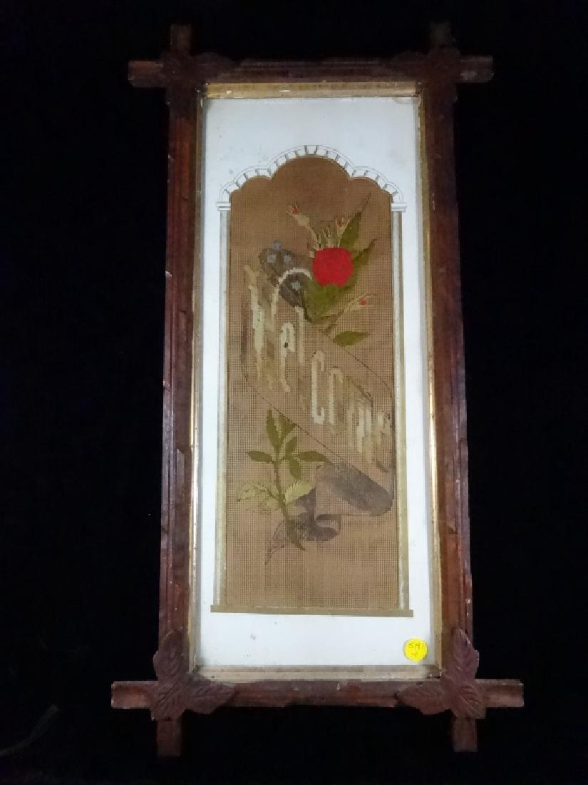 19TH C. NEEDLEPOINT WELCOME SIGN, IN ORIGINAL VICTORIAN: 19TH C. NEEDLEPOINT WELCOME SIGN, IN ORIGINAL VICTORIAN FRAME, VERY GOOD CONDITION, 26" X 13"W, SKU5191.04
