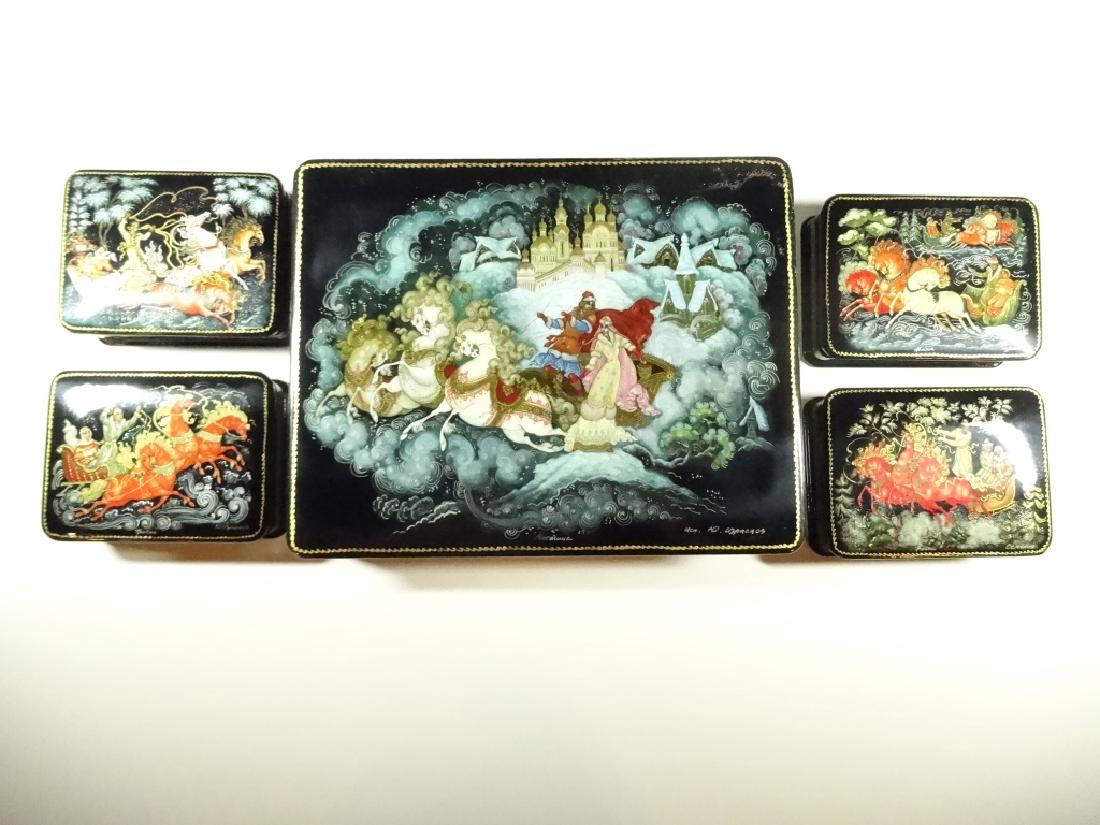 5 PC RUSSIAN HAND PAINTED LACQUERED BOXES, LARGE BOX (1 of 9)