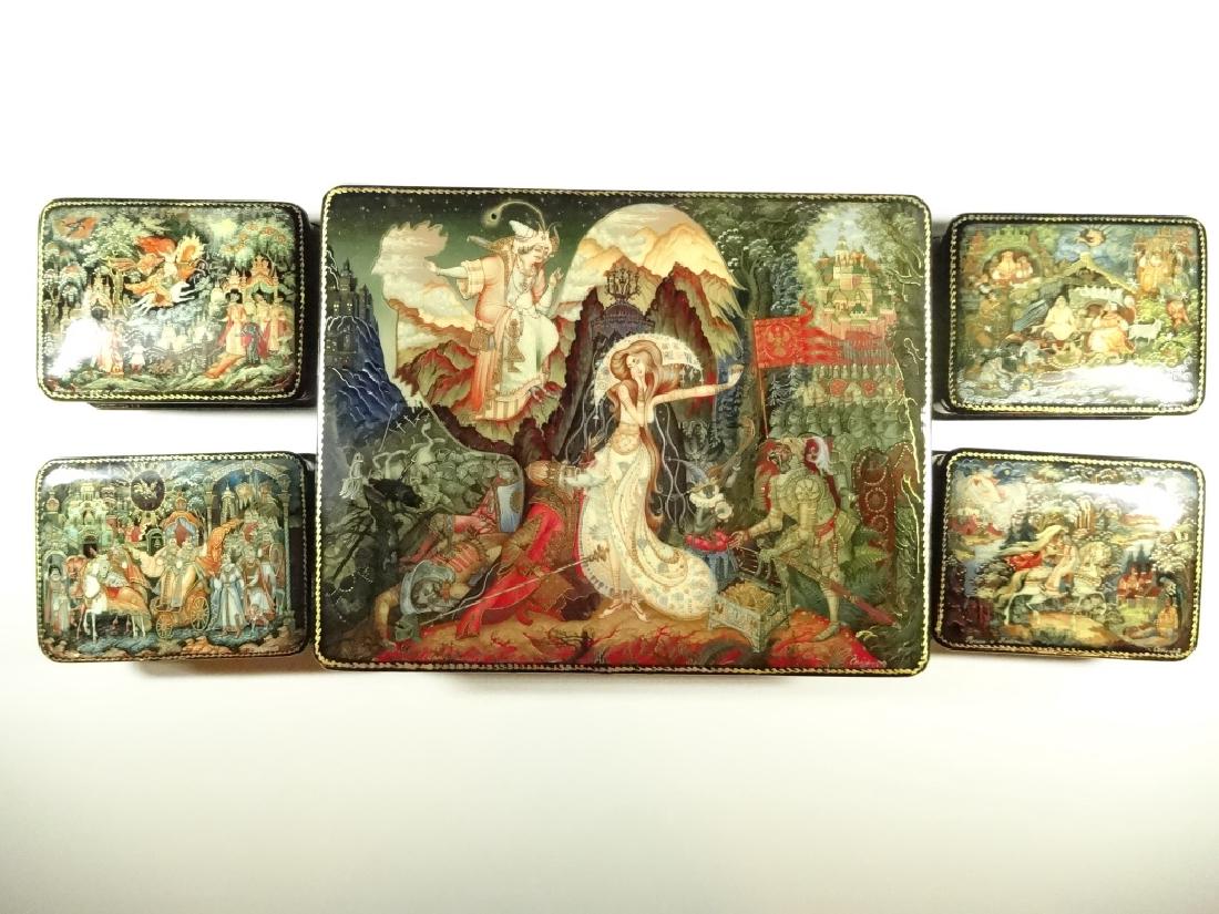 5 PC RUSSIAN HAND PAINTED LACQUERED BOXES, LARGE BOX (1 of 9)