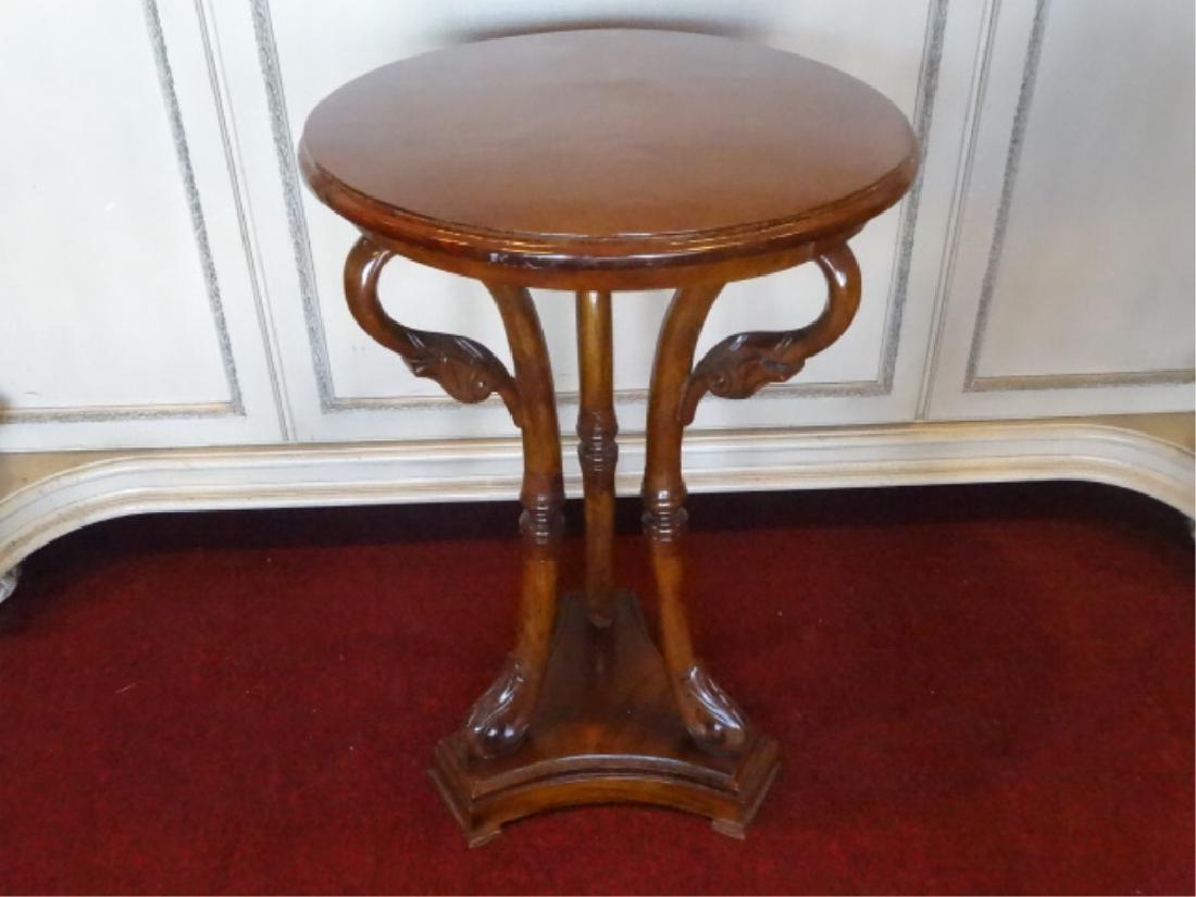 SWAN LEG WOOD TABLE, ROUND TOP, TRIANGULAR BASE, DARK (1 of 6)