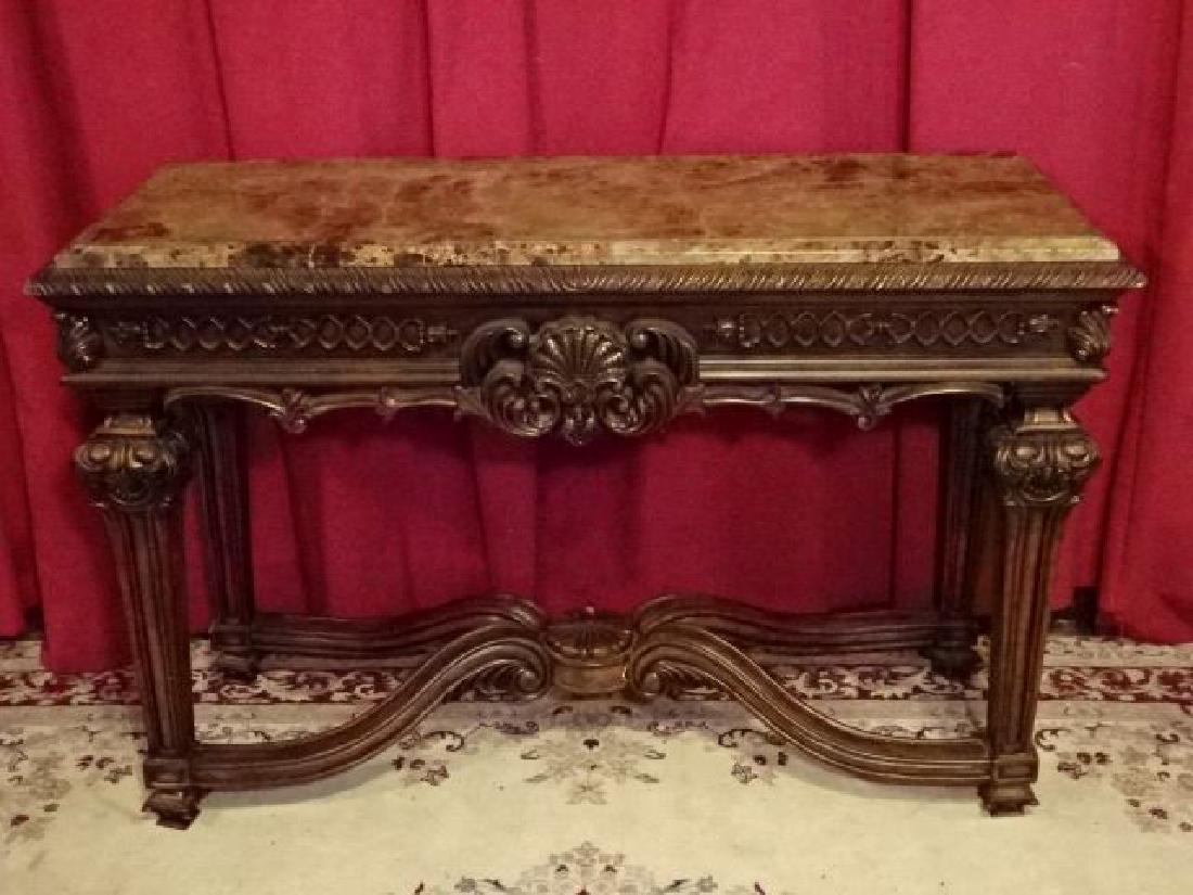MARBLE TOP CONSOLE TABLE, CARVED WOOD BASE WITH DARK (1 of 6)