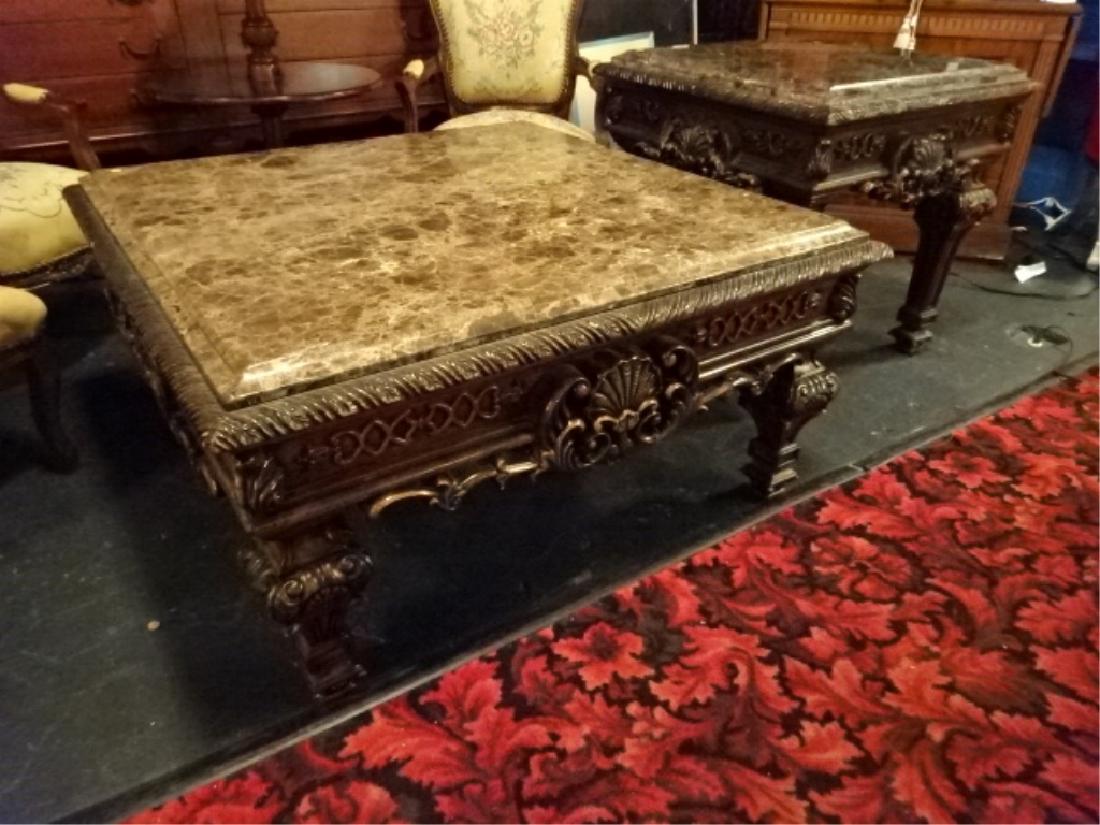 2 PC MARBLE TOP COFFEE AND SIDE TABLE SET, CARVED WOOD (1 of 6)