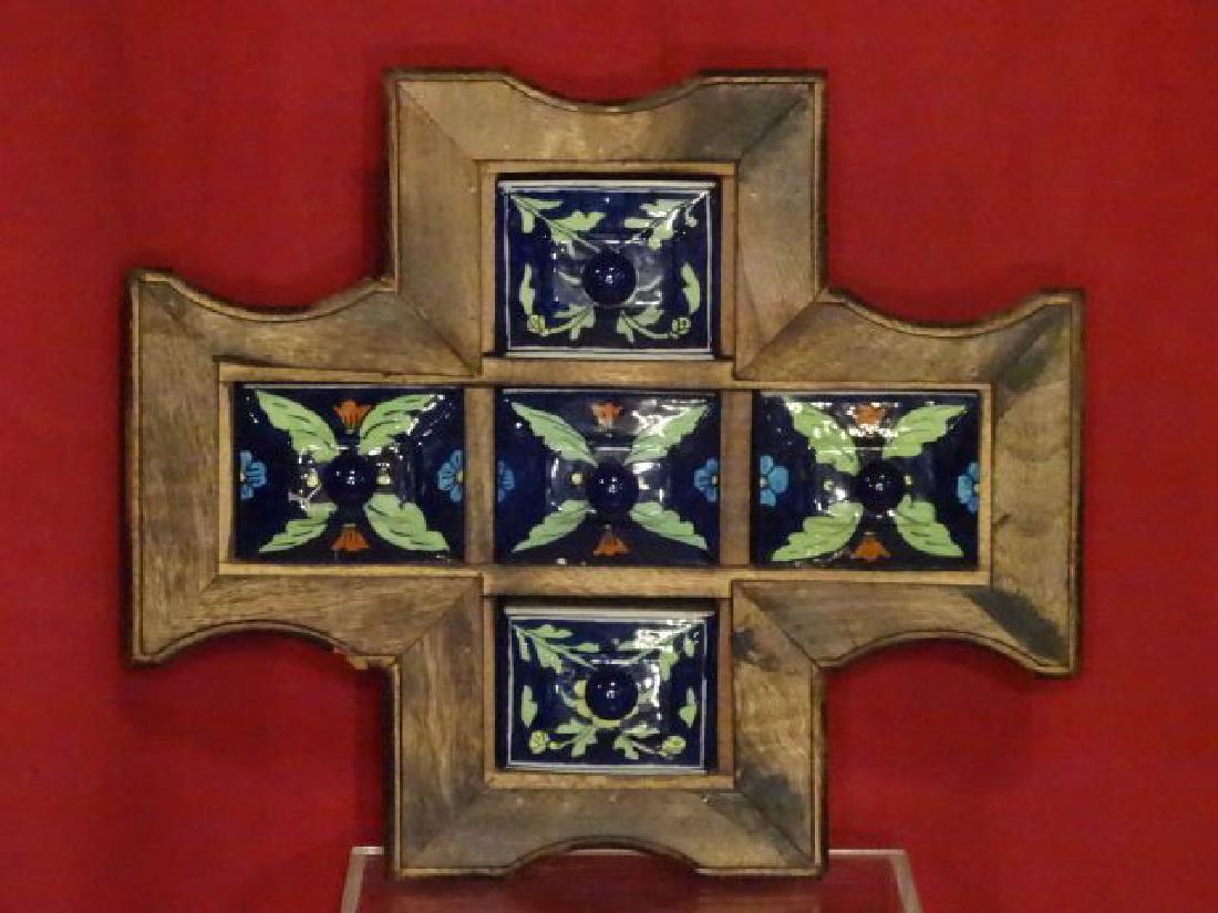 WOOD AND CERAMIC WALL CHEST, CARVED WOOD FRAME WITH (1 of 6)